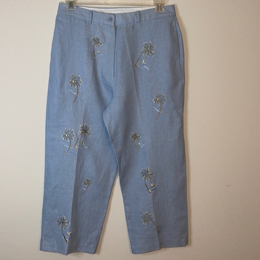 Saint Tropez West Embroidered Palm Tree 100% Linen Ankle Trousers Size 12